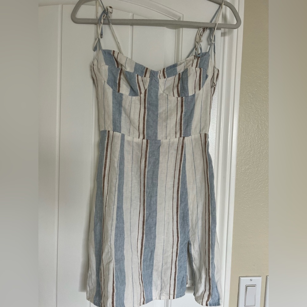 Reformation blue white brown mini linen dress with bustier and tied straps